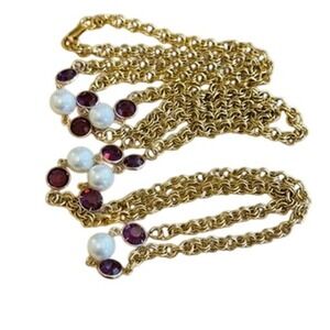 VTG Regal Open Bezel Austrian Purple Crystal Pearl‎ Necklace Gold Plated Elegant